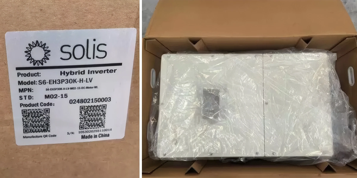 Solis S6-EH3P30K03 30kW inverter nameplate and unboxing – product label with model and specs, inverter unit, wall bracket, CT sensors, PV connectors, and installation accessories